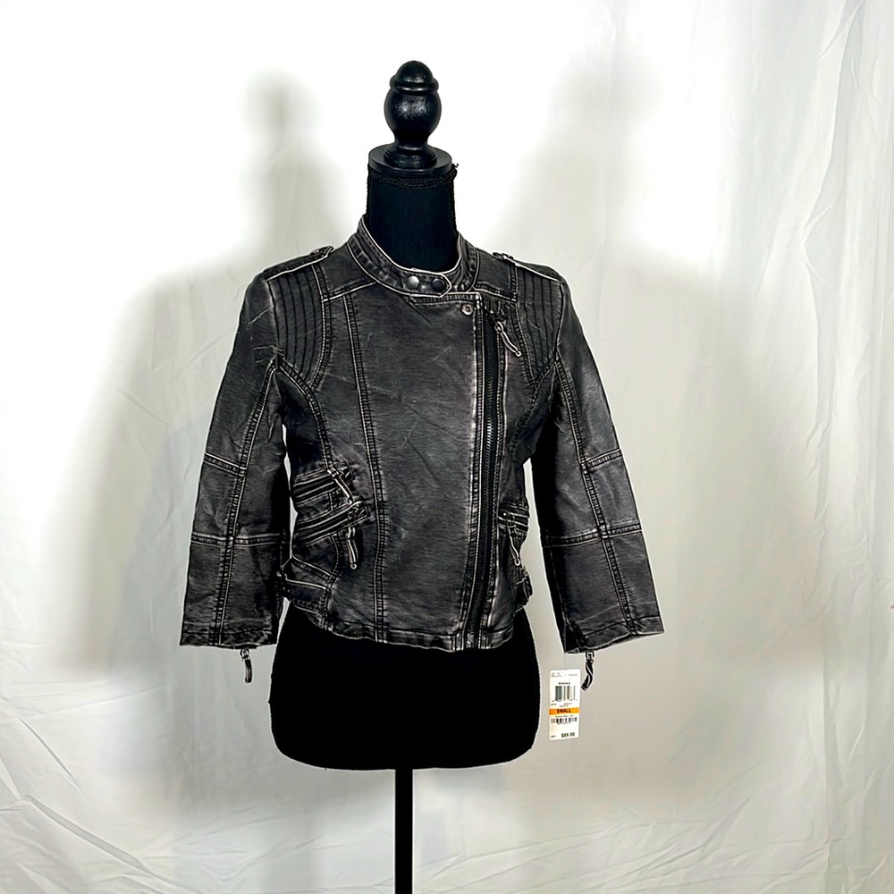 CLEARANCE ‼️— Bar III Pleather Jacket, Small, NWT, Lots of Zippers, Distressed